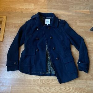 Women’s Patterned Lined Navy Wool Button Up Jacket